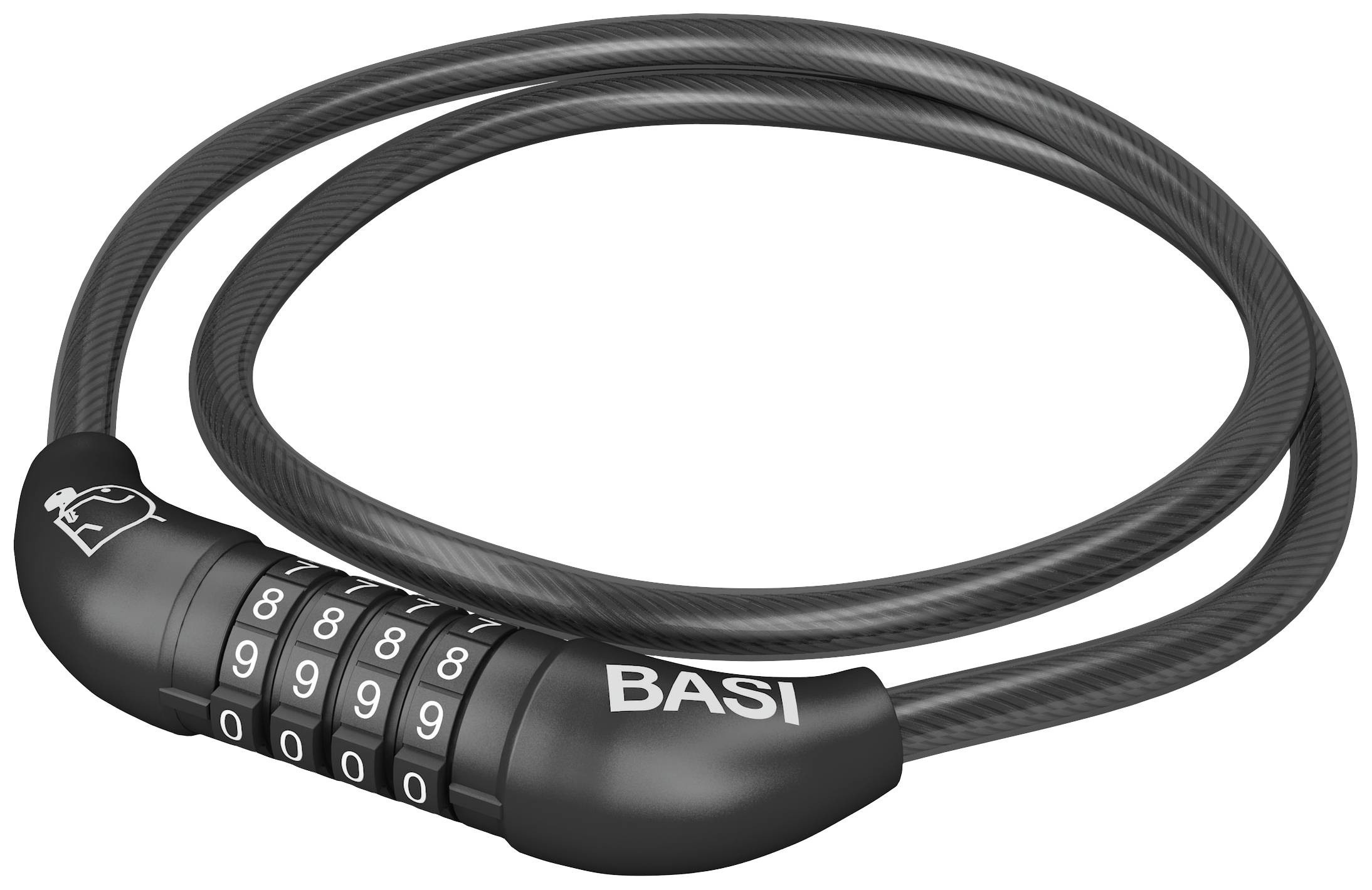 Svart sifferlås med femställig kombination på en kabel, olåst och visar alla siffror som noll. Märkning: 'BASI'.