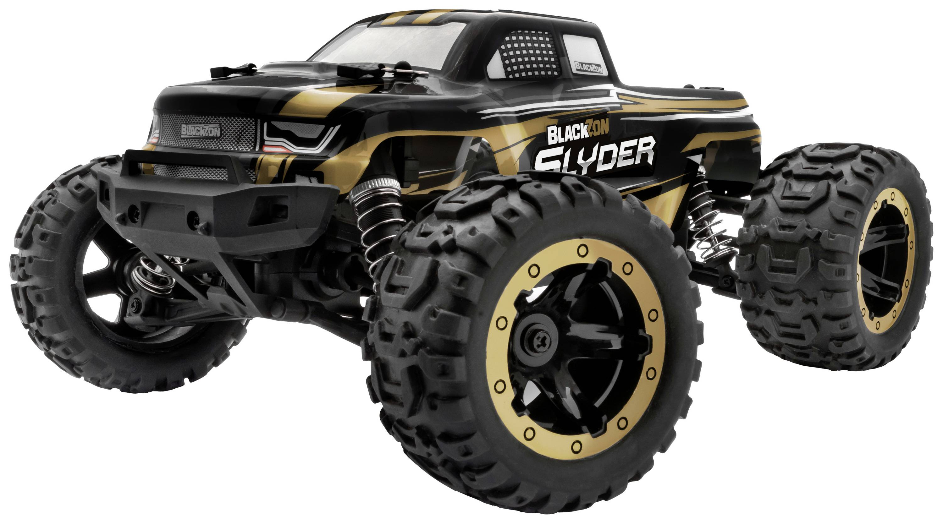En svart, fjärrstyrd bil med gula accenter och texten 'BLACKION SLIDER' på sidan. Offroad-hjulen är stora och robusta.