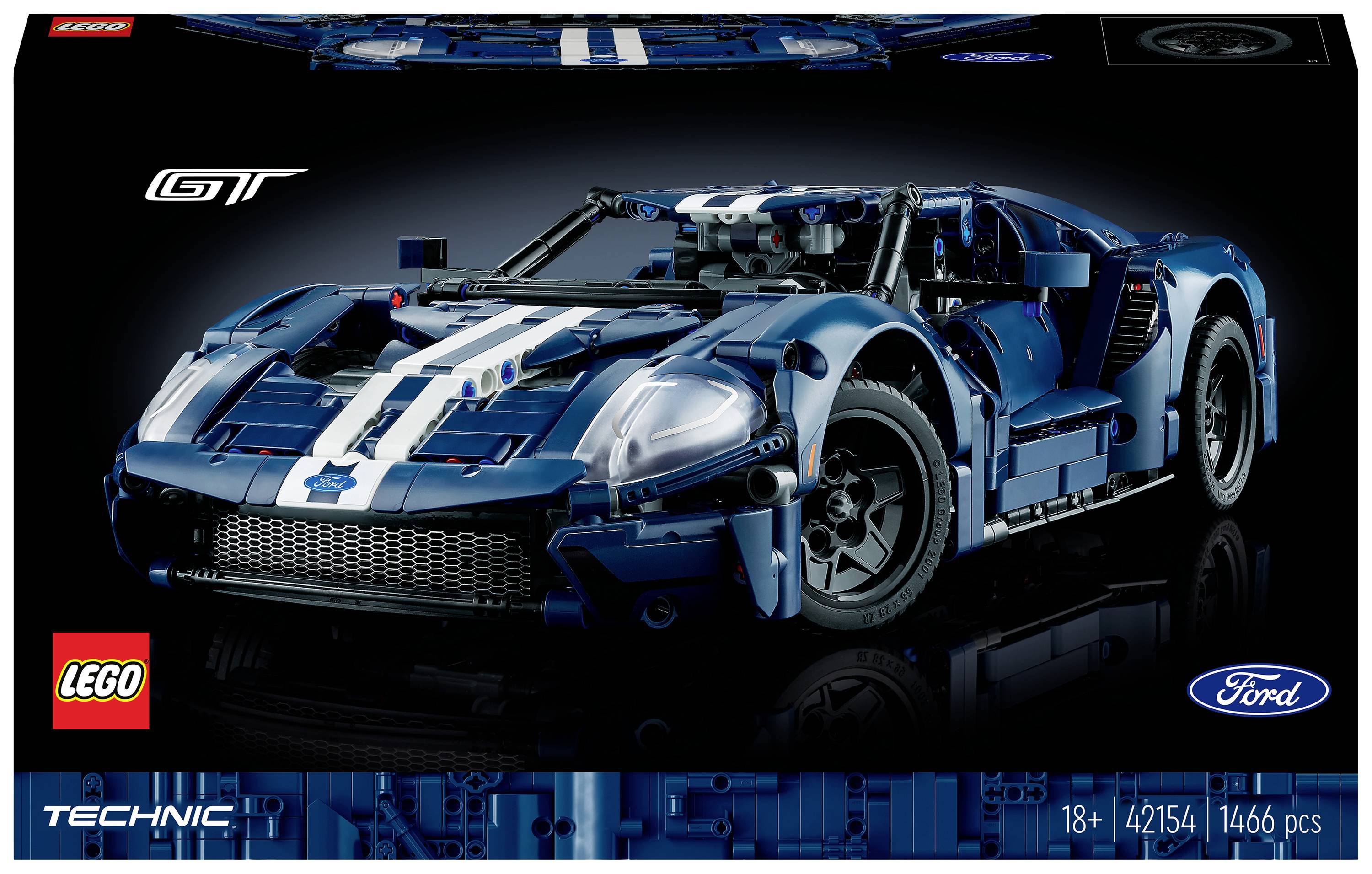LEGO Technic-modell av en blå Ford GT-bil med racerränder; byggsats för vuxna med 1466 delar.