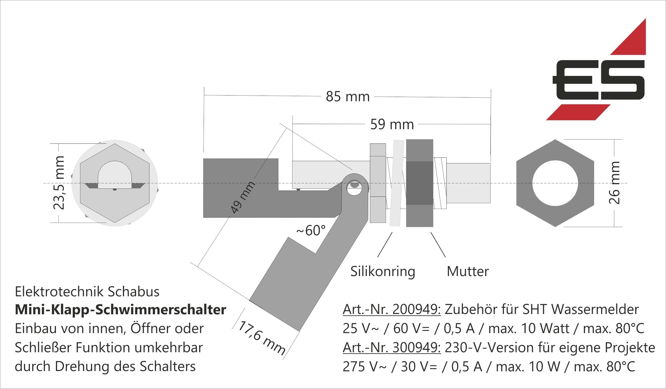 Teknisk ritning av en mini vikbar flottörbrytare från Elektroteknik Schabus. Mått, delar som silikonring, mutter. Monteringsanvisningar och artikelnummer.