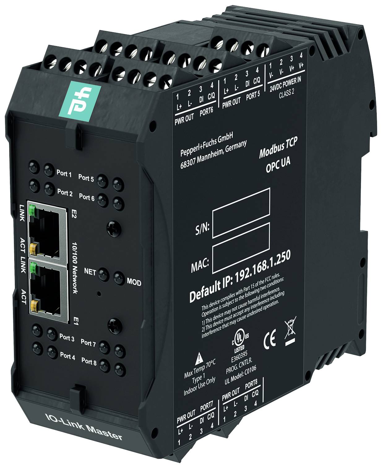 Industri-IoT-enhet med flera Ethernet-portar och LED-indikatorer. Stöd för Modbus TCP och OPC UA. Tillverkare: Pepperl+Fuchs.