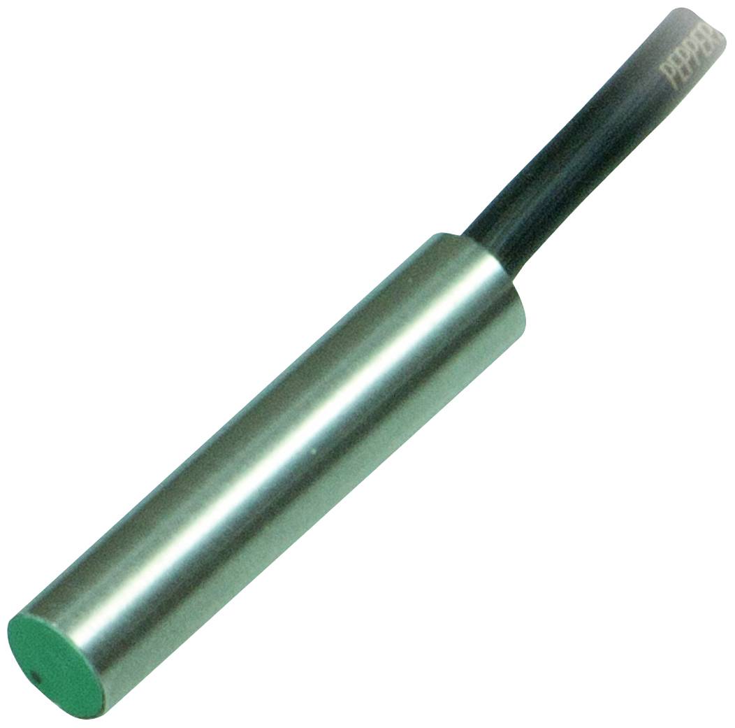 Ett cylinderformat metallföremål med grönt ände och svart kabel, möjligen en sensor eller elektronisk komponent.