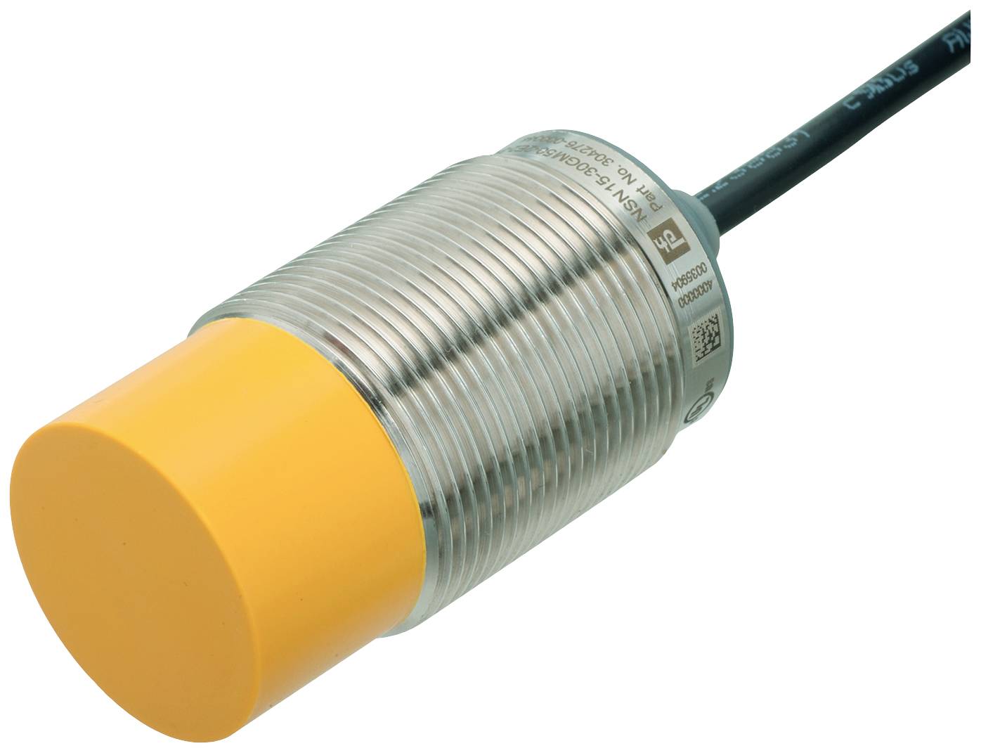 En cylindrisk, induktiv sensor med gul kåpa och räfflat metallhölje. En kabel är fäst vid baksidan.