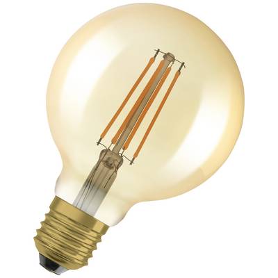 En glödlampa med synliga filament och guldfattning som lyser.