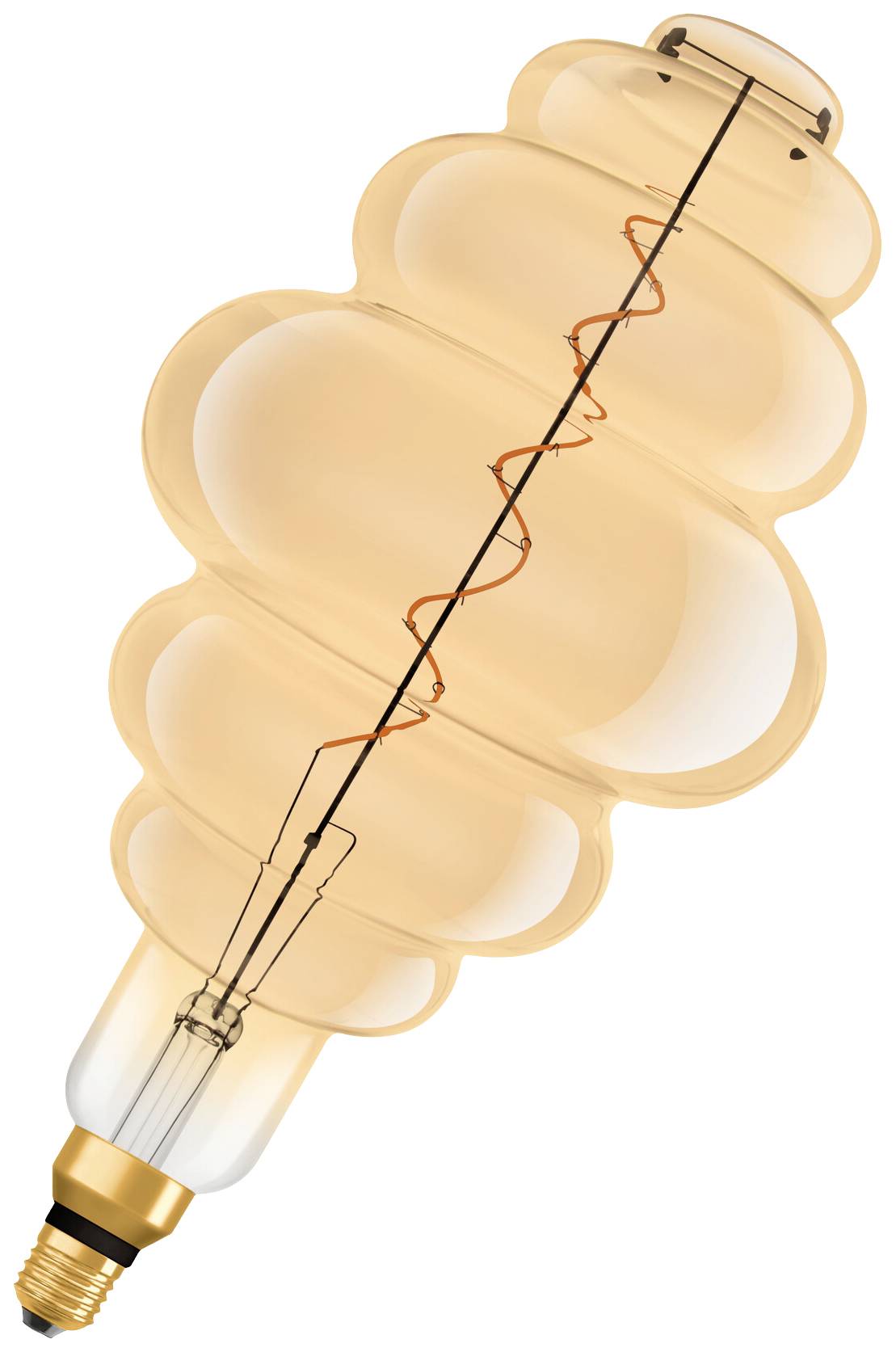 Elektrisk glödlampa i spiralform med orangefärgad glödtråd, mot vit bakgrund. Modern designbelysning.