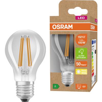 Foto av en OSRAM LED-ljuskula bredvid sin kartongförpackning, märkt 1521 lm, 7,2 W = 100 W, ultraeffektiv, varmvit, E27.