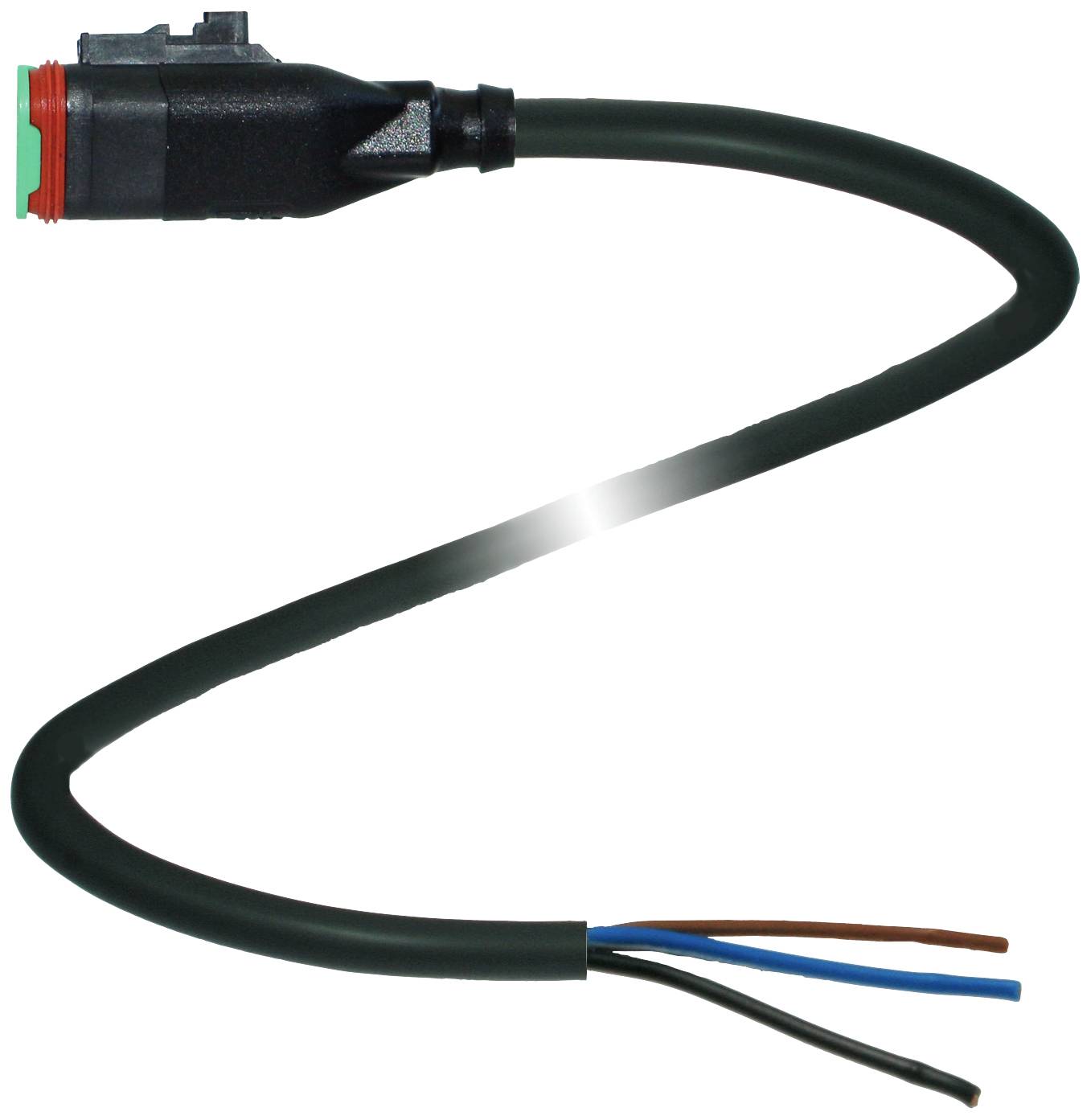 En enkel elektrisk kabel med en svart kontakt vid ena änden och tre frilagda trådändar i brunt, blått och svart.