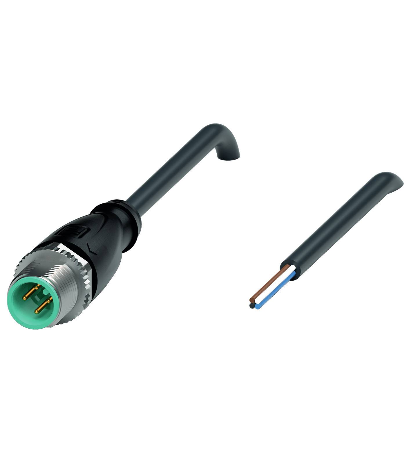 Elektrisk stickkontakt och kabel: Stickkontakten har tre stift, och kabeln visar två frilagda trådar med blå respektive brun isolering.