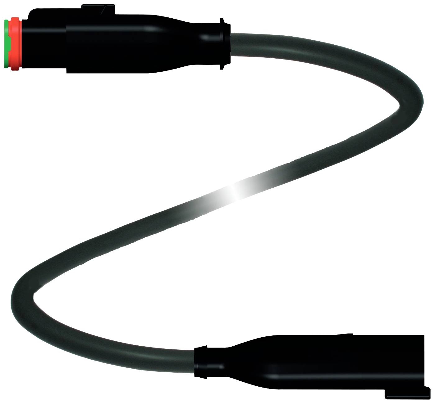 Svart elektrisk kabel med två kontakter, ett rött ände och ett svart ände, böjd i en S-form.