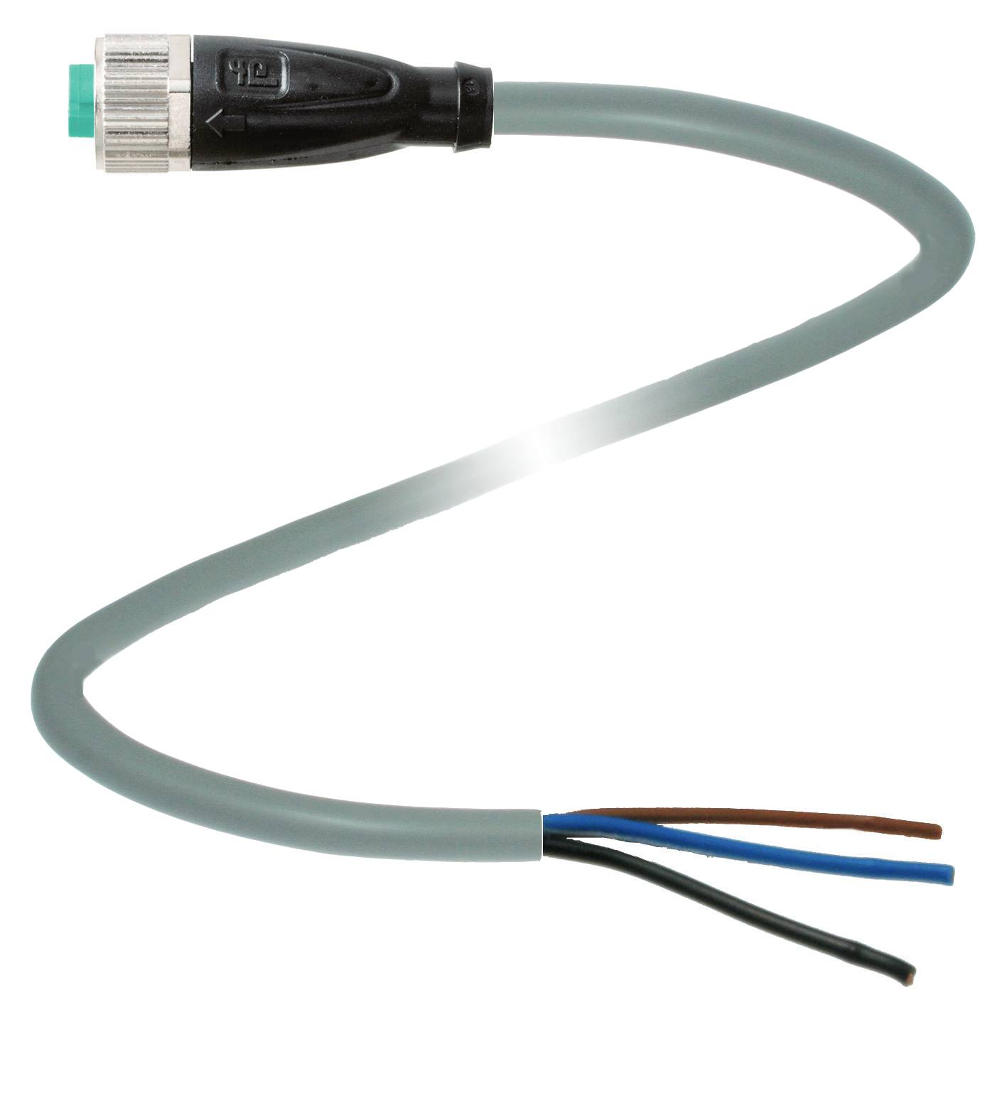 En kabel med en svart kontakt på ena sidan och tre lösa trådar (blå, brun, svart) på den andra sidan.