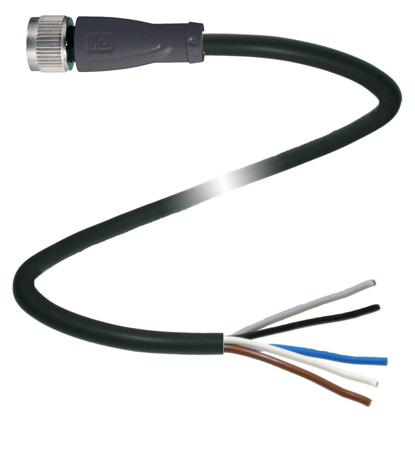 En svart kabel med fem fristående färgade trådar i ena änden och en kontakt i den andra änden.