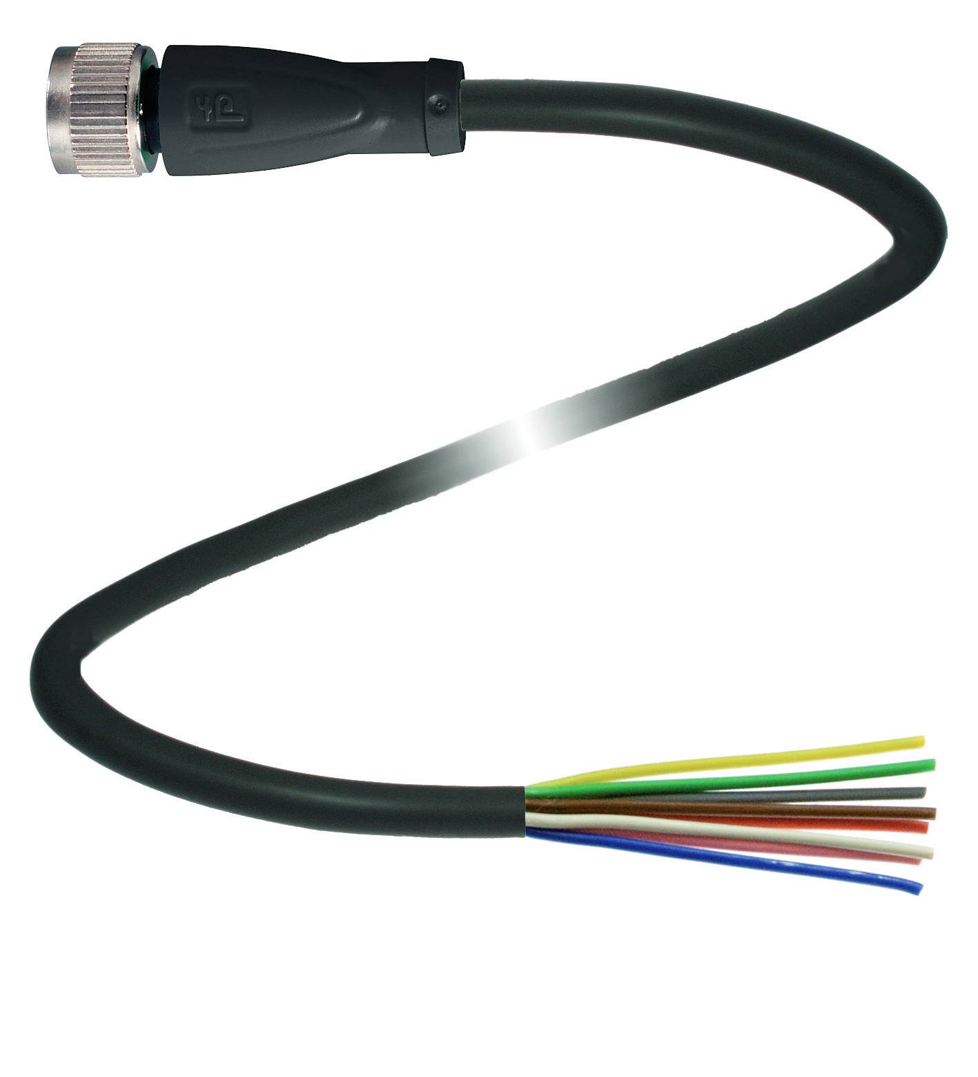 En svart elektrisk kabel med exponerade färgade trådar i ena änden och en kontakt i den andra änden.