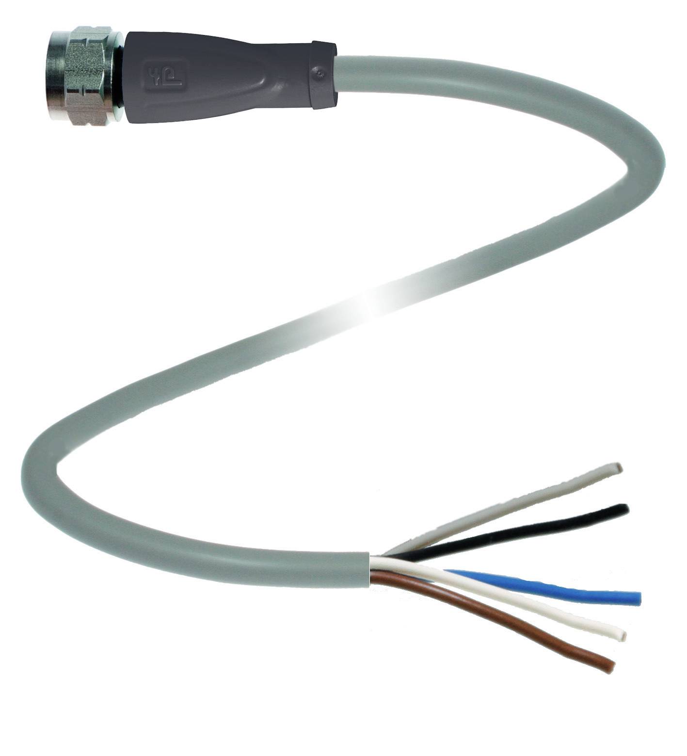 En grå kabel med en metallkontakt på ena sidan och frilagda, färgkodade ledare på den andra sidan.