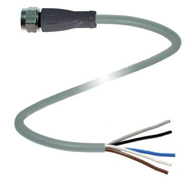 En grå kabel med en metallkontakt på ena sidan och frilagda, färgkodade ledare på den andra sidan.