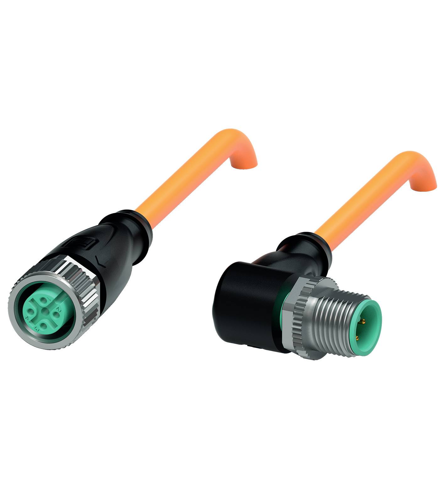 Två vinklade M12-kontakter i orange och svart, en honkontakt och en hankontakt, framför en neutral bakgrund.