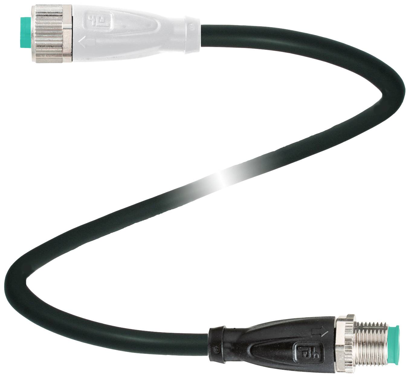 En svart kabel med metallanslutningar i båda ändar, möjligen ett antenn- eller datakabel.
