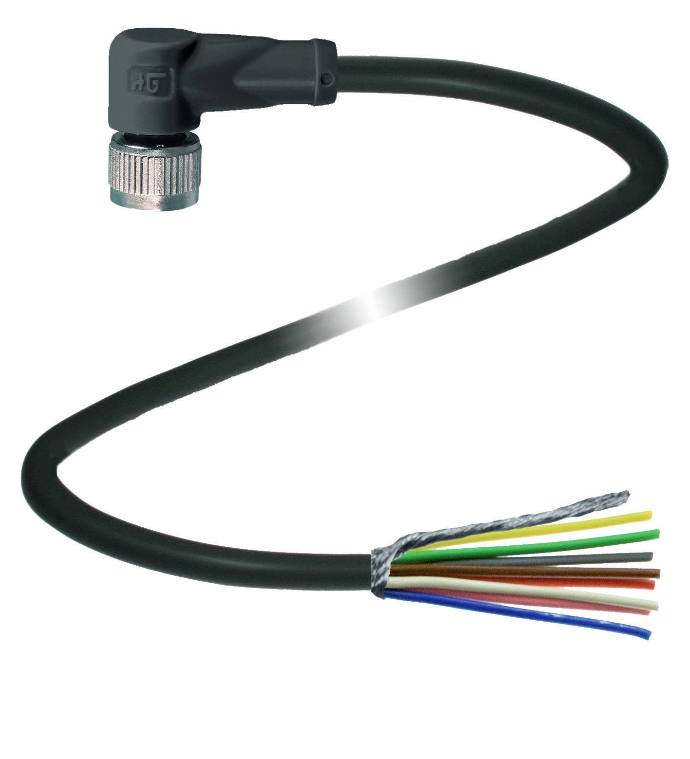 Elektrisk kabel med vinklad kontakt och exponerade mångfärgade trådändar, lämplig för olika anslutningsapplikationer.