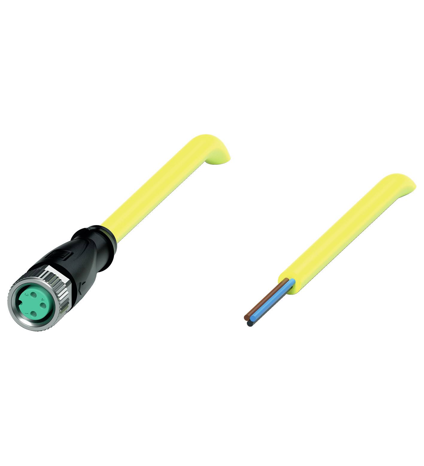 Gult kabel med kontakt till vänster och frilagd koppartråd till höger. Kontakten har en silverfärgad kant och tropolig anslutning.