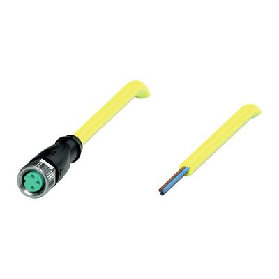 Gult kabel med kontakt till vänster och frilagd koppartråd till höger. Kontakten har en silverfärgad kant och tropolig anslutning.