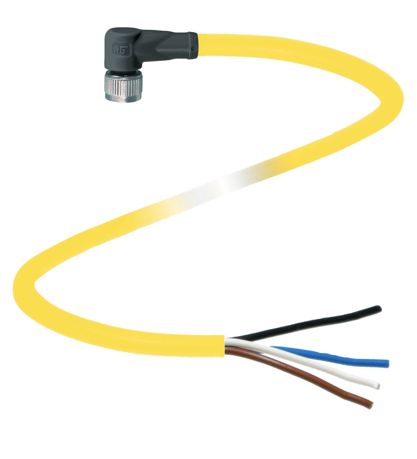 Gult elektriskt kabel med kontakt och fyra fria trådändar i svart, blå, brun och vit.