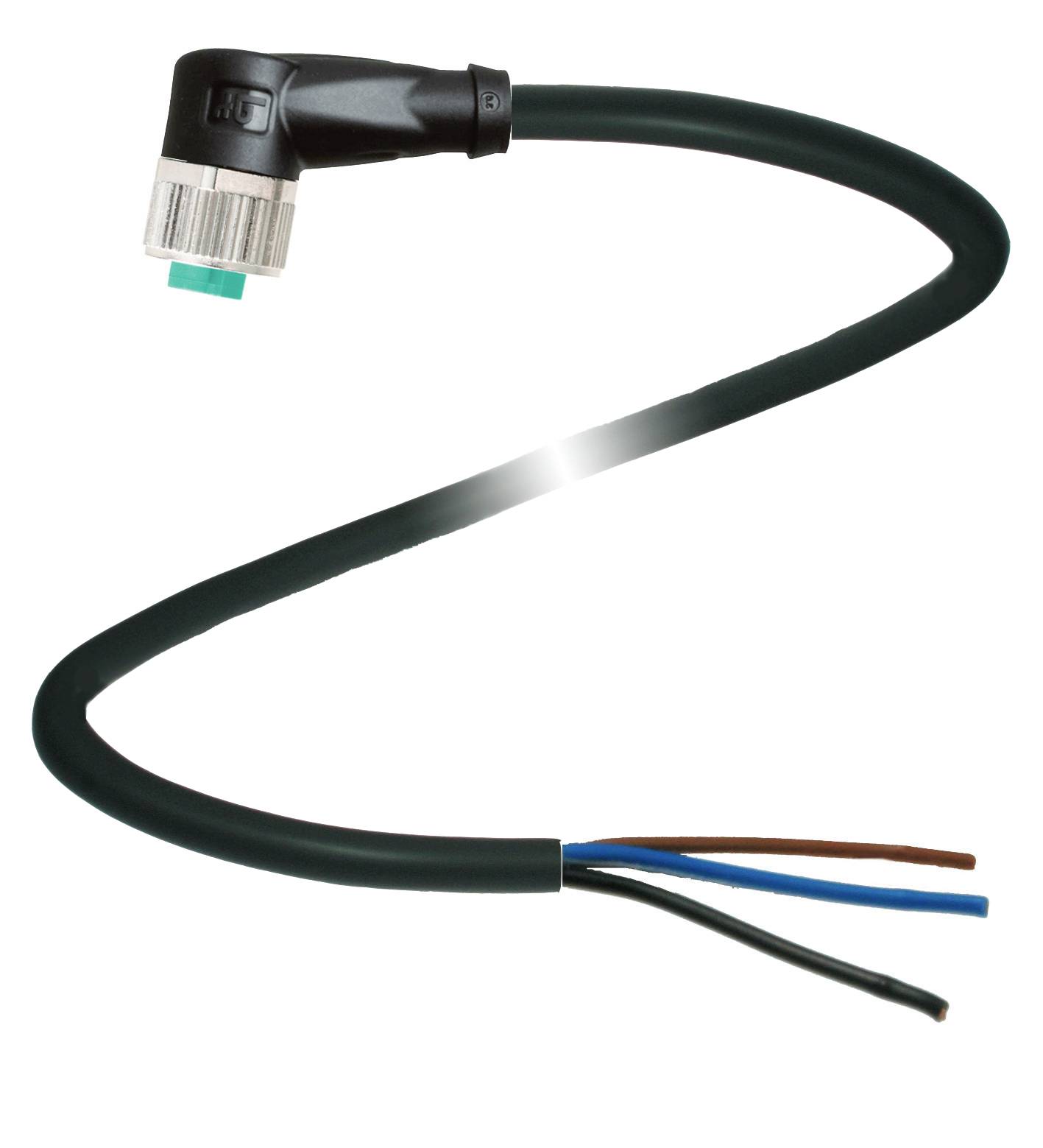 En svart kabel med en vinklad kontakt och tre exponerade ledare: brun, blå, grön/gul. Lämplig för elektriska anslutningar.