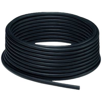 En stor rulle svart plastslang, upprullad, framför en neutral bakgrund. Slangen är slät och flexibel.