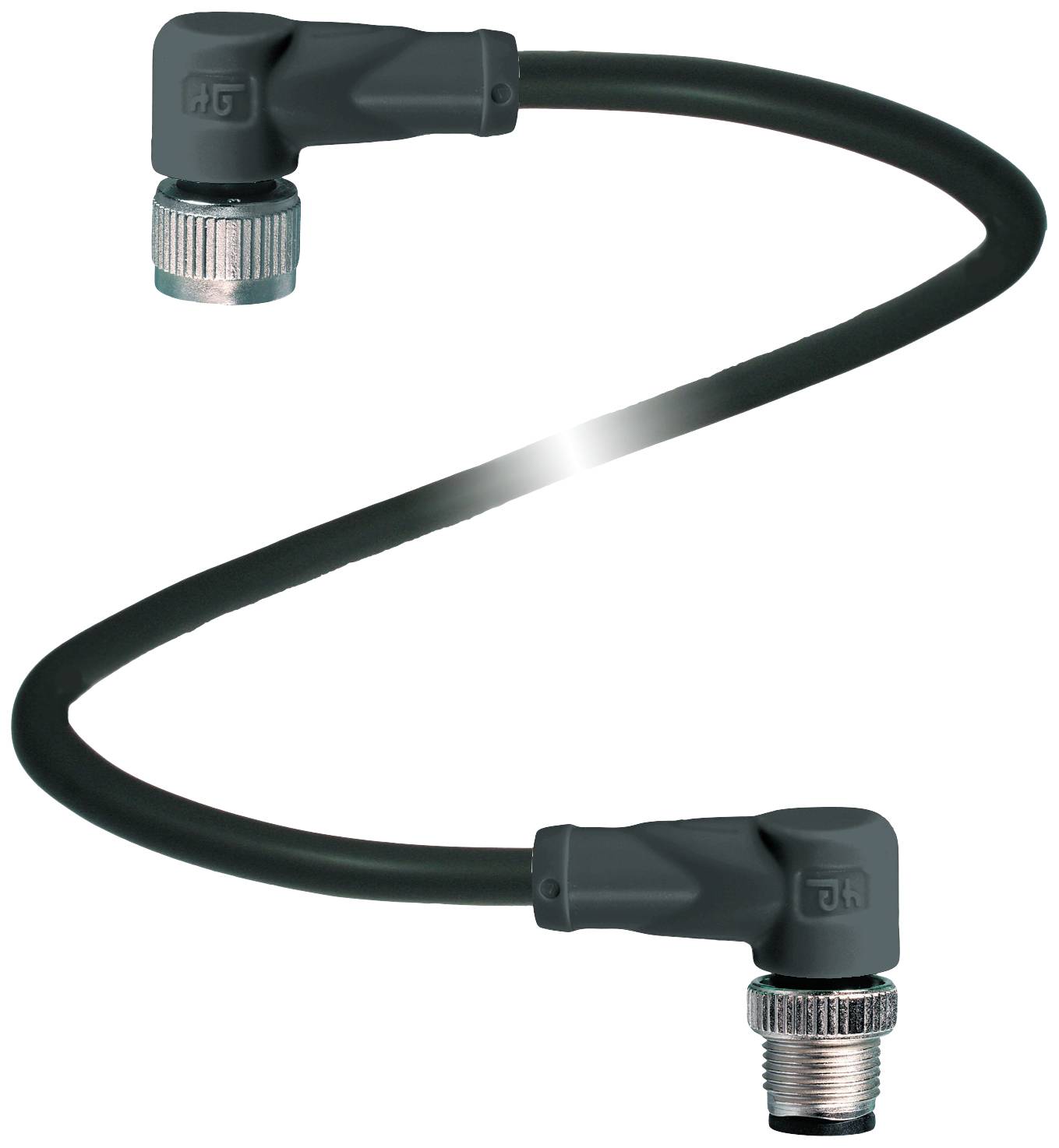 Svart, flexibel kabel med två vinklar, med en metallanslutning i varje ände.
