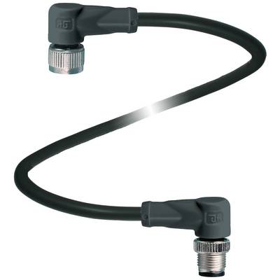 Svart, flexibel kabel med två vinklar, med en metallanslutning i varje ände.