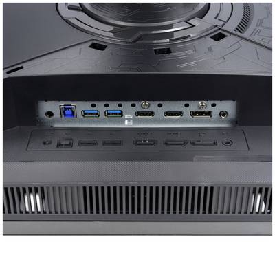 Baksidan av en skärm med flera anslutningsalternativ: två HDMI-portar, en DisplayPort, USB-portar, en ljudutgång och mer.