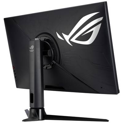 En svart PC-skärm med Asus ROG-logotypen på baksidan. Skärmen står på ett elegant, stabilt stativ.