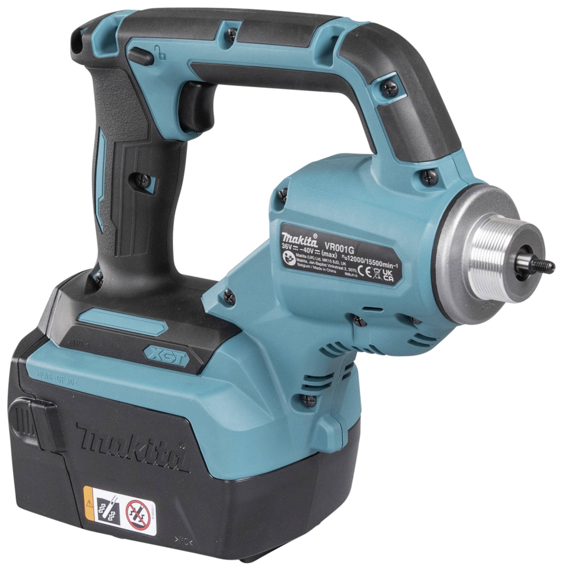 Sladdlös, blå vinkelskruvdragare på vit bakgrund. Verktyget är robust, med ergonomiskt handtag, Makita-logotyp synlig.