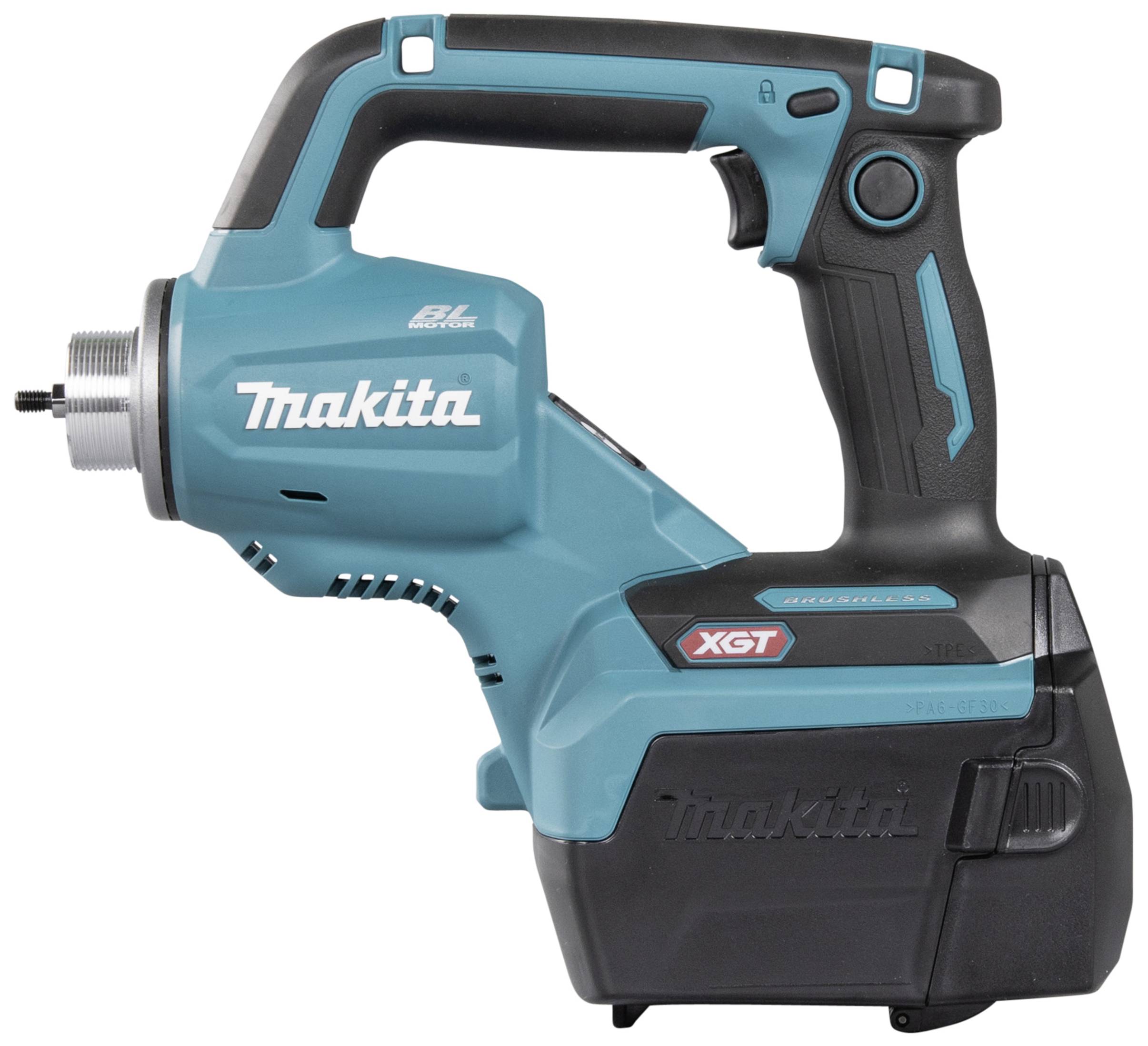 Sladdlös Makita XGT fettspruta i blått och svart, med ergonomiskt handtag och XGT-logotyp, lämplig för tunga arbetsuppgifter.