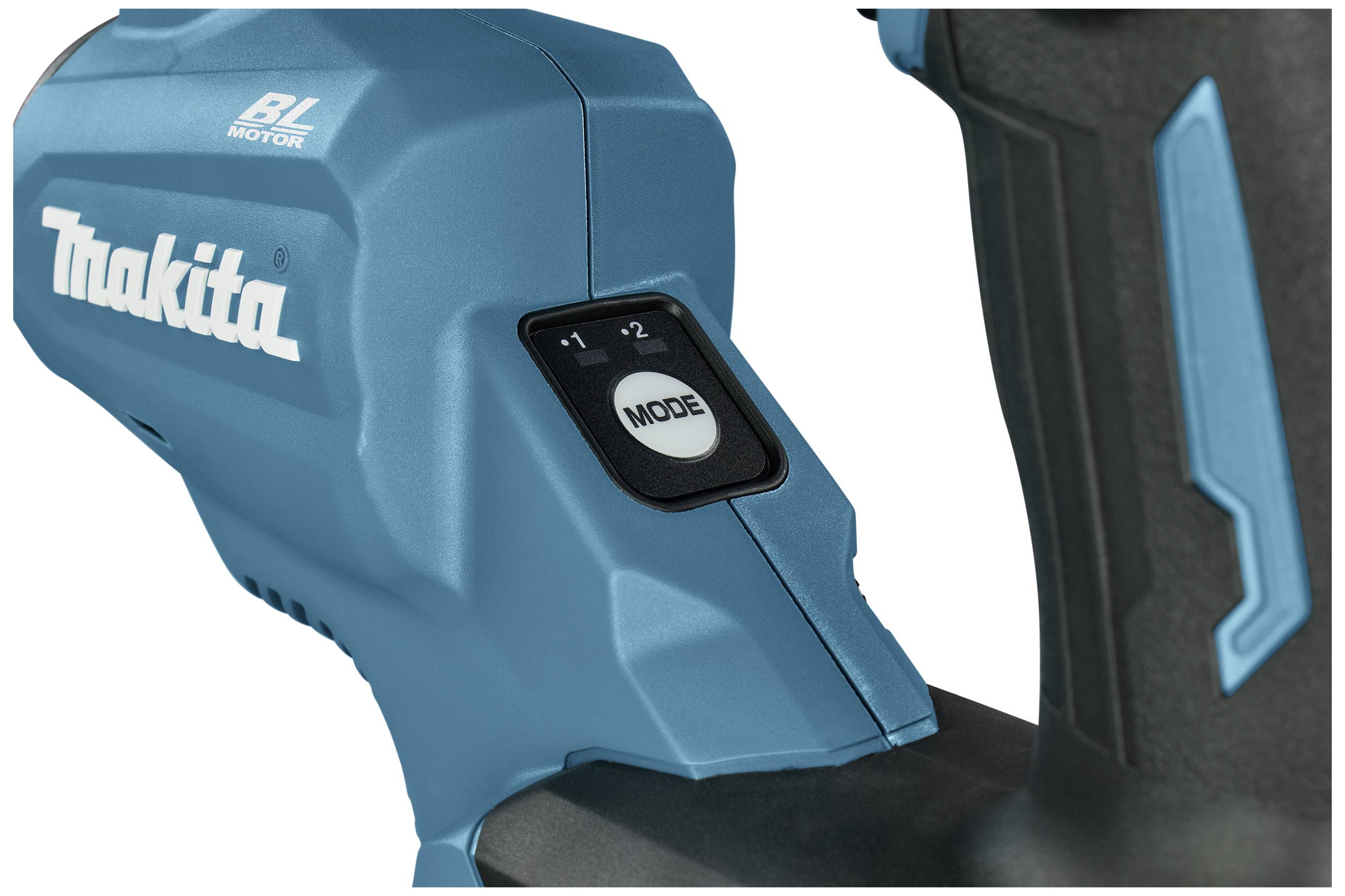 En närbild av ett blått elverktyg med en 'MODE'-knapp för inställning. Makita-logotypen är synlig.