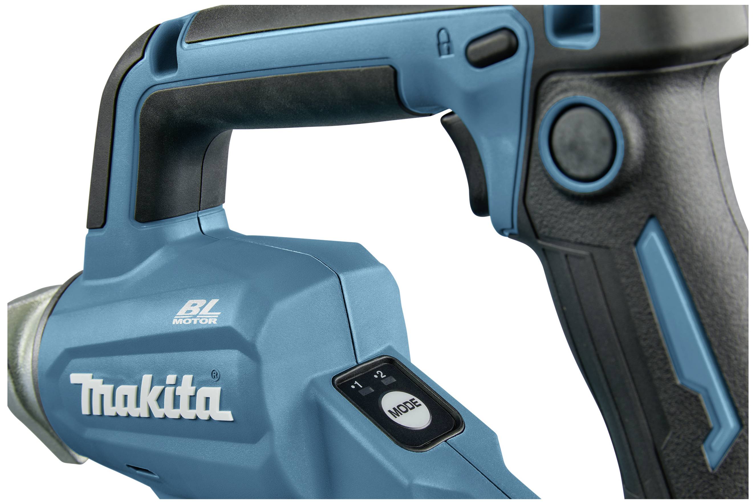 Ett utsnitt av ett blått sladdlöst verktyg med handtag och en 'Mode'-knapp. 'Makita'-logotyp och 'BL Motor'-text är synliga.