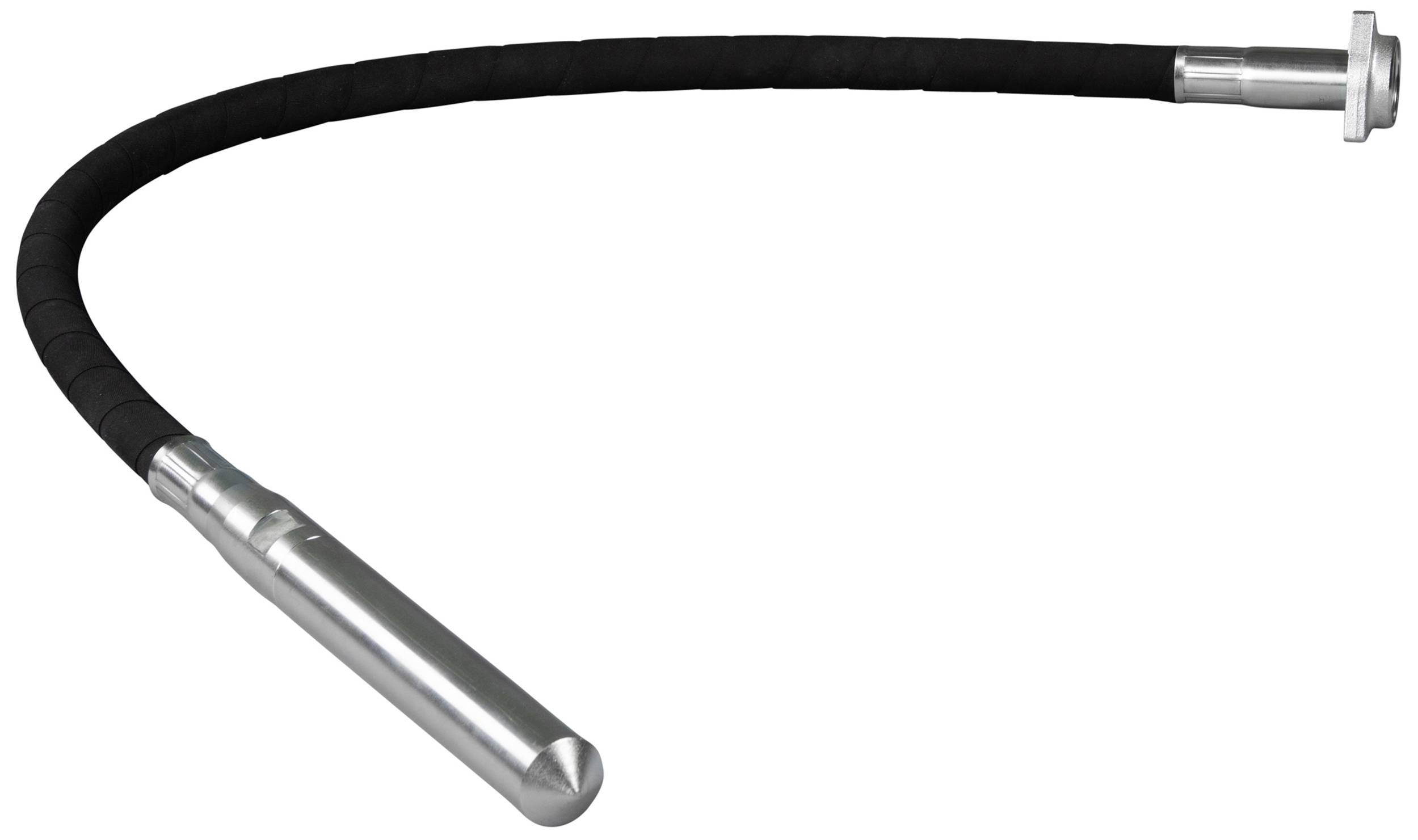 En avlång metallstång med svart hölje, något böjd, troligen ett verktyg eller en del av en maskin.