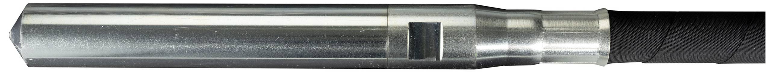 Ett silverfärgat, cylindriskt metallelement med ett svart avsnitt, sannolikt en del av ett maskin- eller rörsystem.
