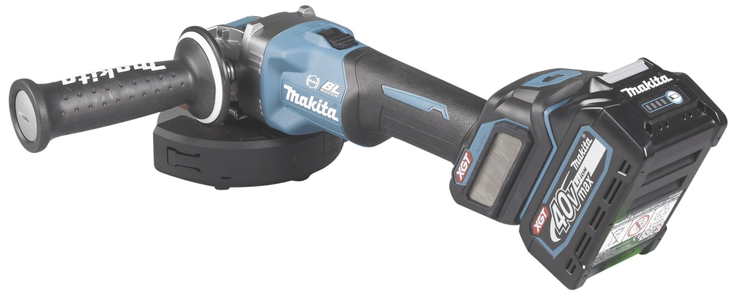 Sladdlös vinkelslipmaskin från Makita, blå-svart, med extra handtag. Batteri märkt med 40V Max, lämplig för sliparbeten.
