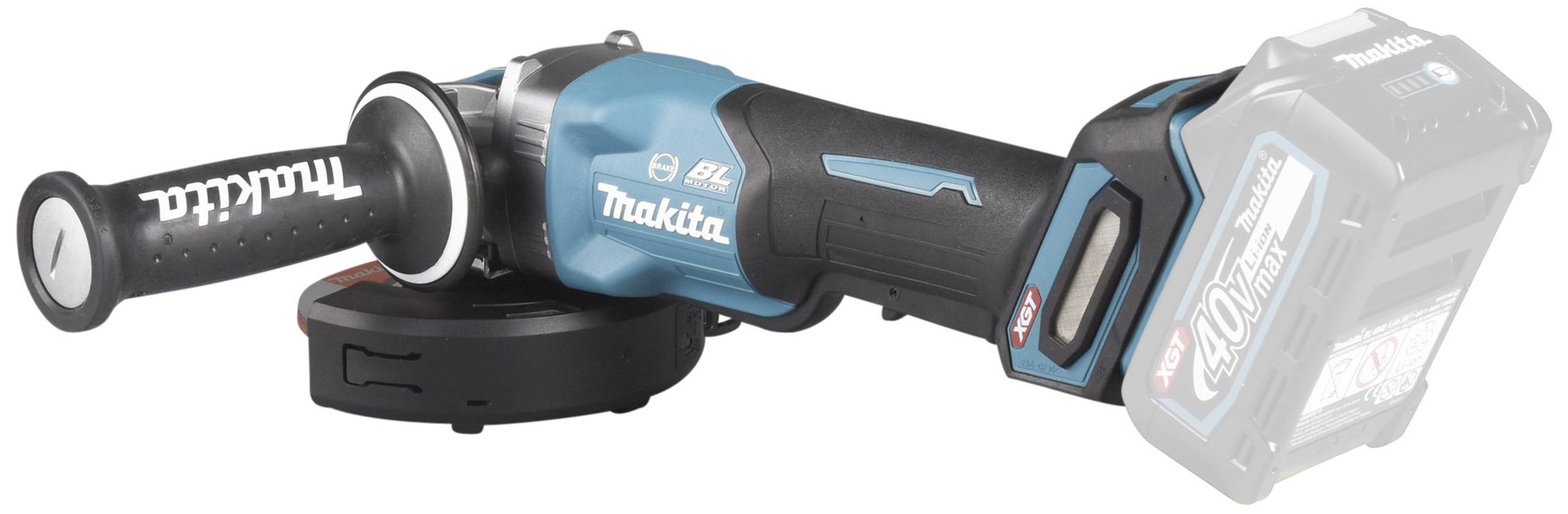Makita batteridriven slipmaskin med sidohandtag och batteri, perfekt för slip- och polerarbeten, utmärkande i blått och svart.