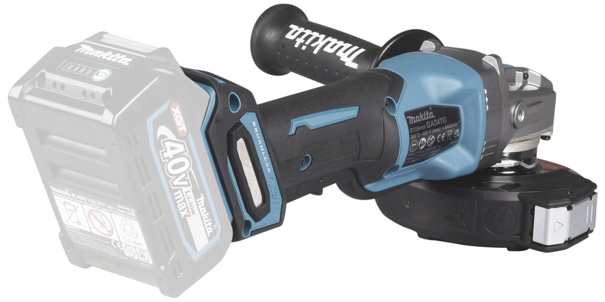 En blå och svart sladdlös vinkelslip med Makita-logotyp och utbytbart 40-V-batteri, sidohandtag och skyddslock.