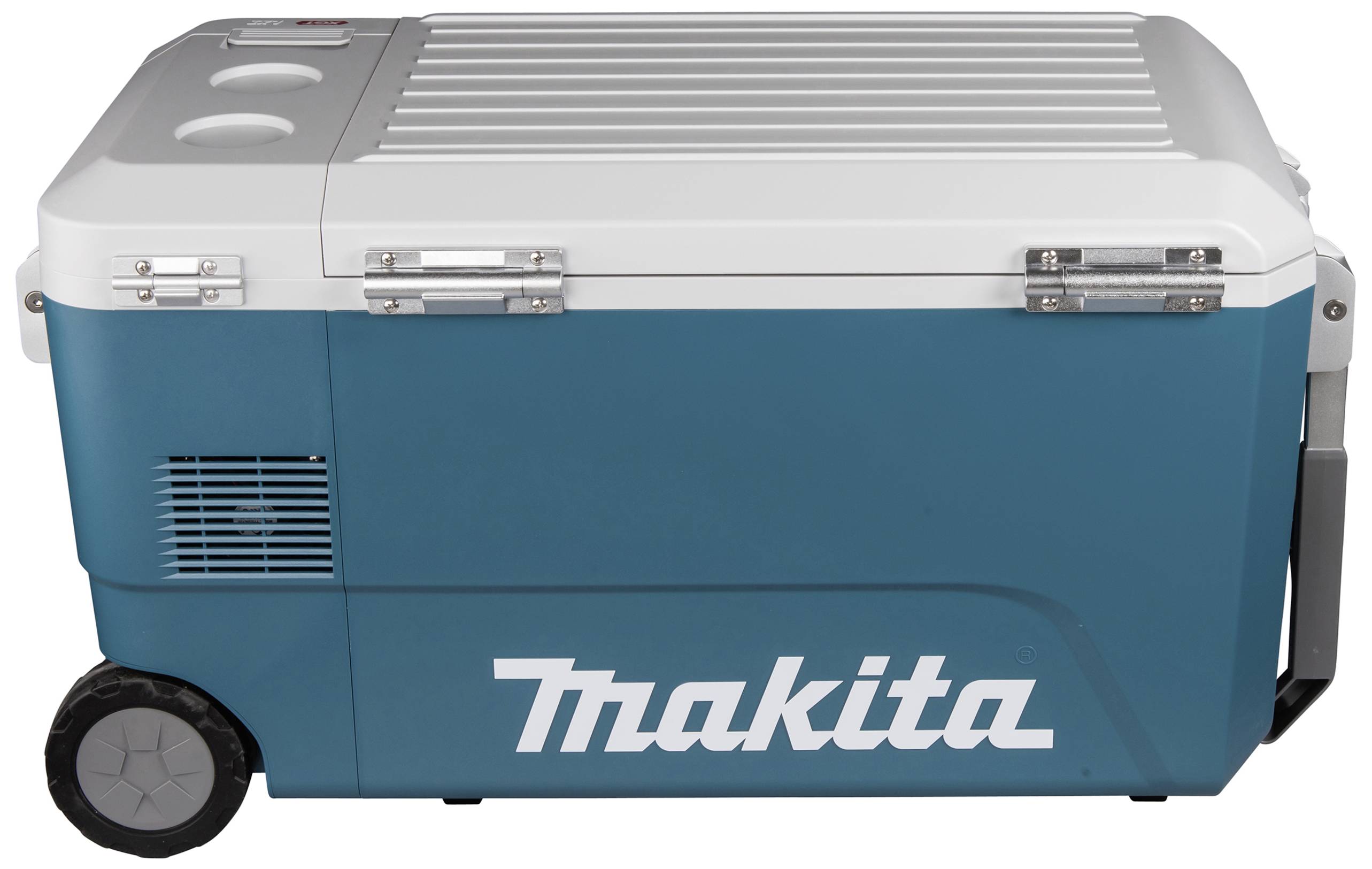 Blå och vit, bärbar kylbox med handtag och hjul, märkt 'Makita' på sidan. Lämplig för enkel transport av livsmedel.