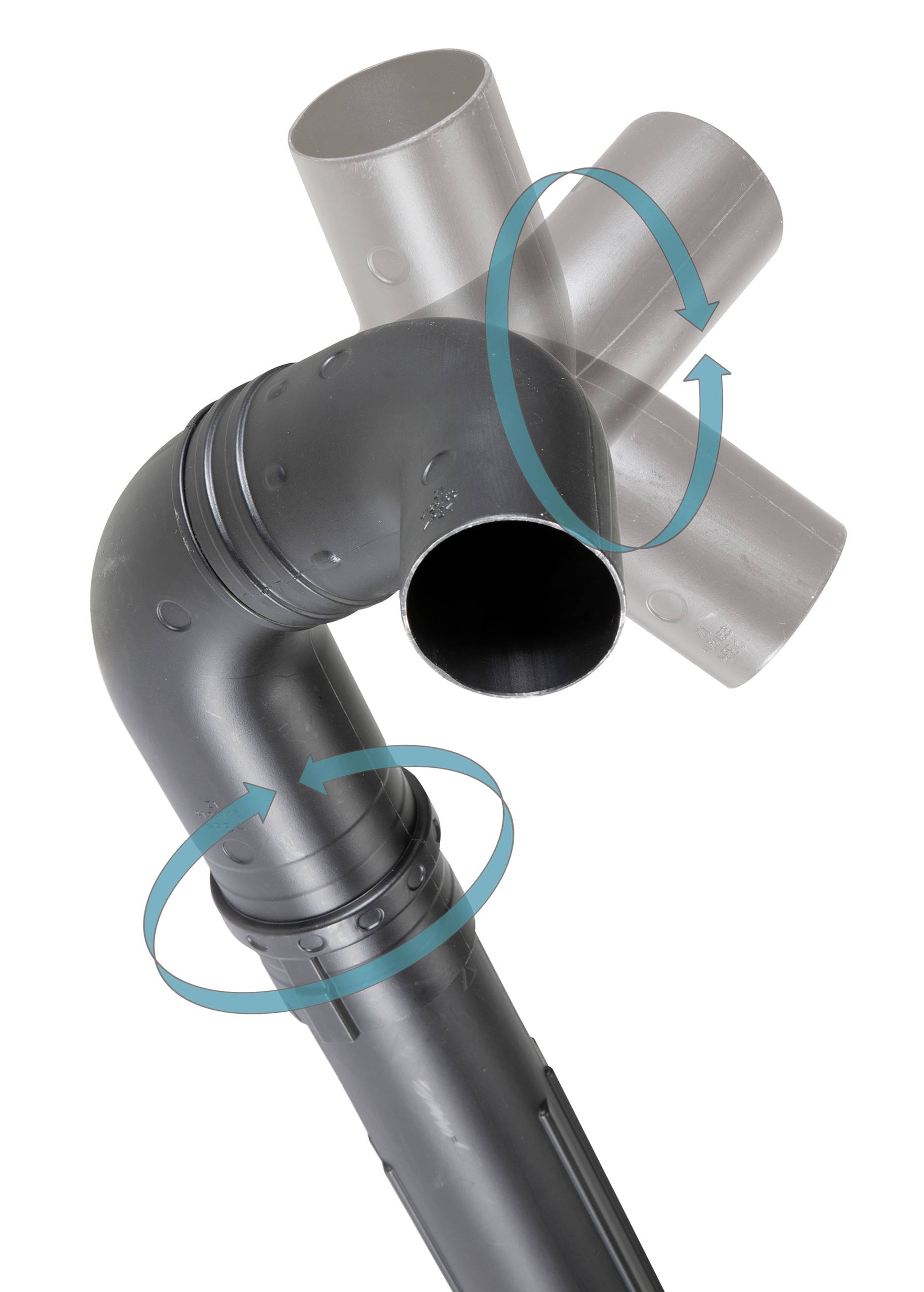 Röranslutningsstycke med flera anslutningar. Pilar visar vattenflödet genom det grå och svarta anslutningsstycket.