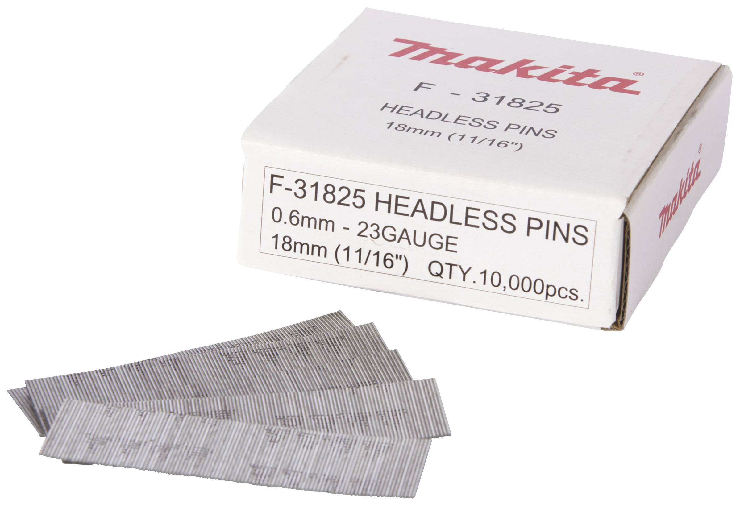 Ovanför en vit yta ligger en öppnad låda med 'Makita'-logotyp och texten 'Headless Pins', och bredvid den finns ett antal silverfärgade spik.