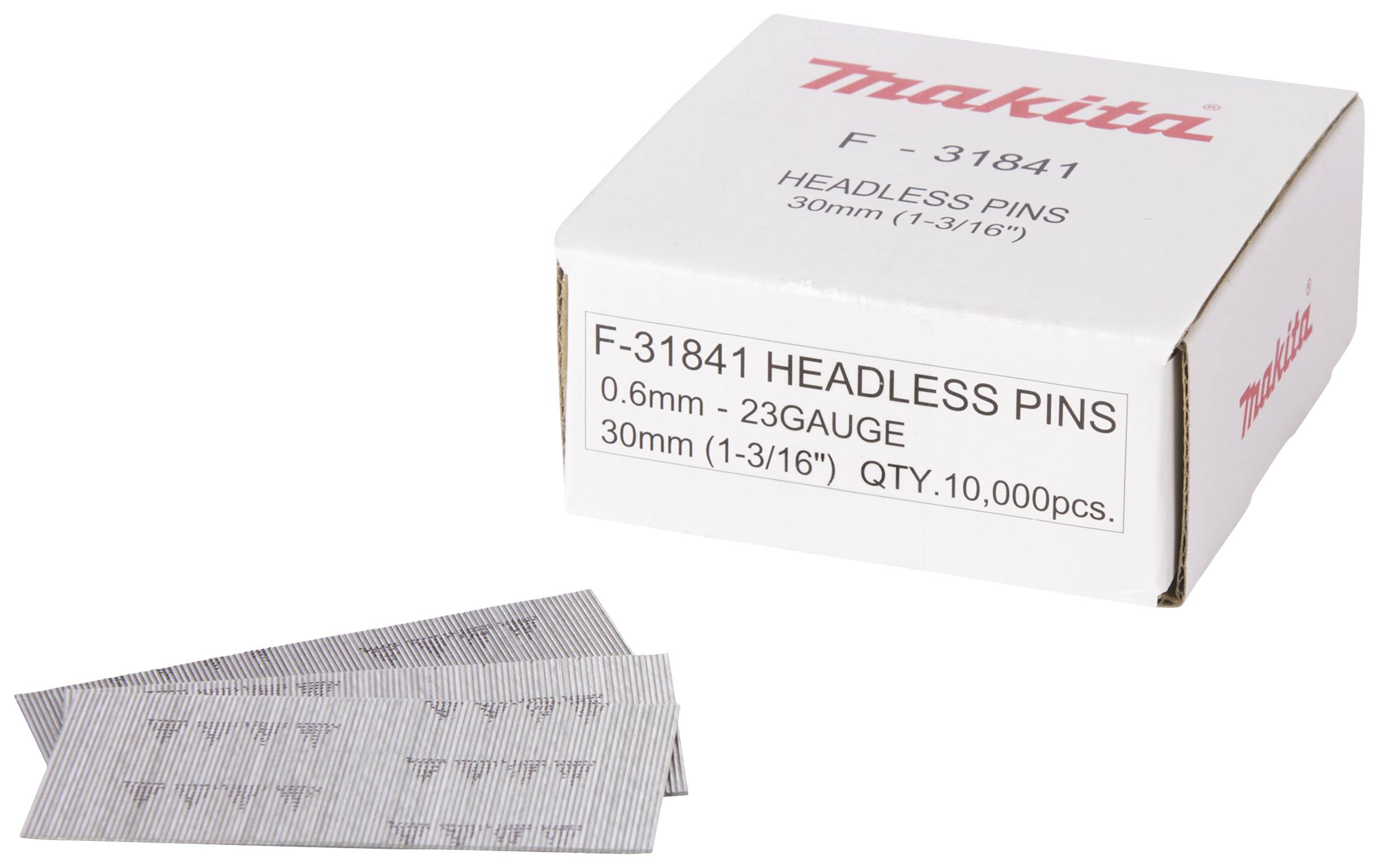 En låda märkt 'Makita F-31841 Headless Pins 30mm (1-3/16")', bredvid vilken det finns två högar av silverfärgade, tunna spikar.