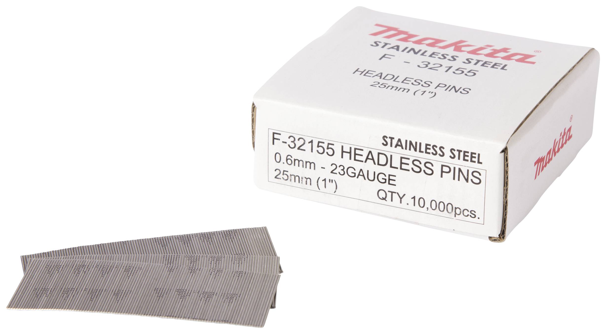 En kartong märkt 'Makita Stainless F-32155 Headless Pins, 0.6 mm - 23 Gauge, 25 mm (1"), Antal: 10.000 stycken' bredvid en nålrad.