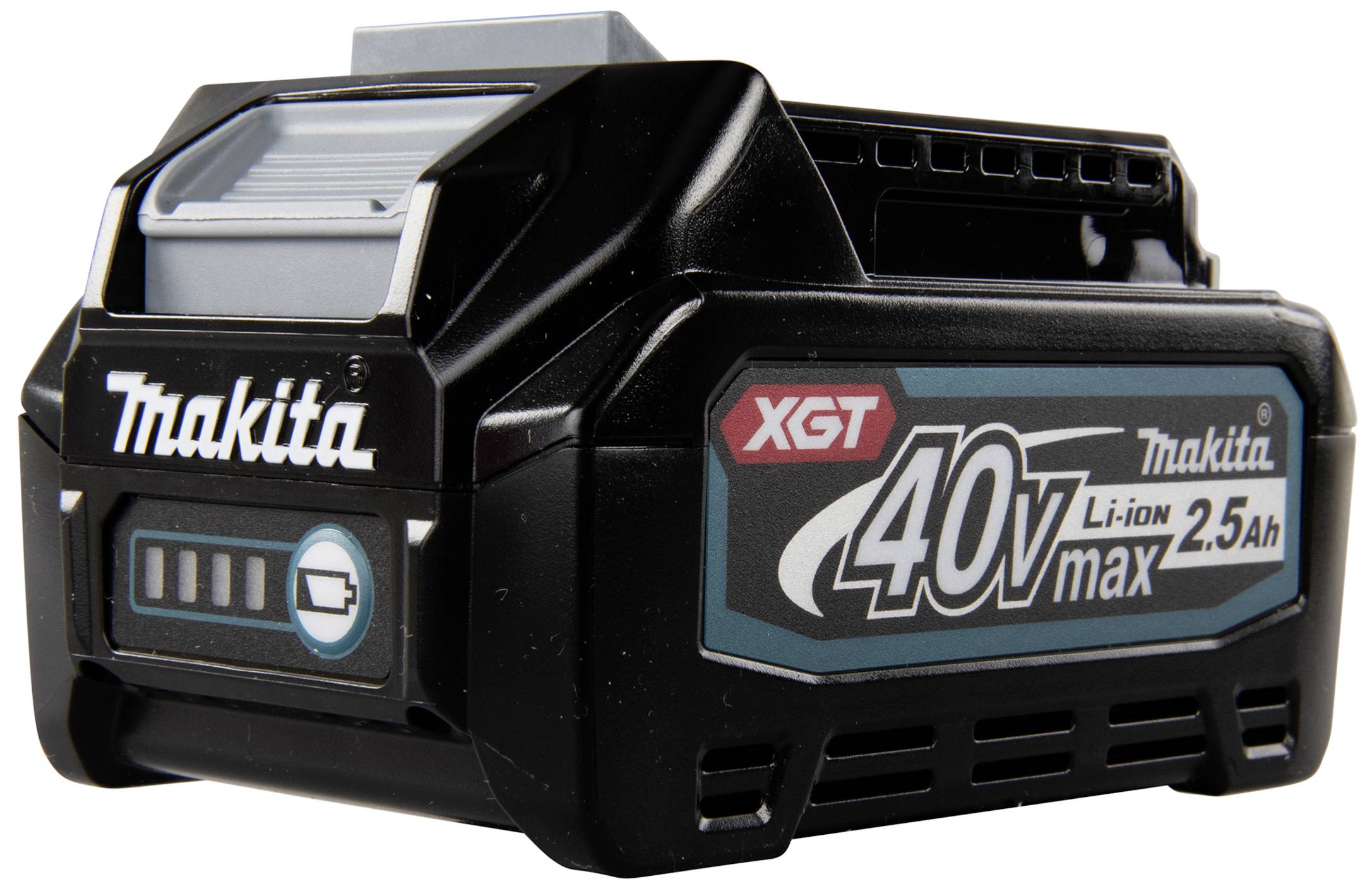 Bilden visar ett 'Makita 40Vmax XGT 2.5Ah' litiumjonbatteri, som används för att försörja elektriska verktyg med energi.