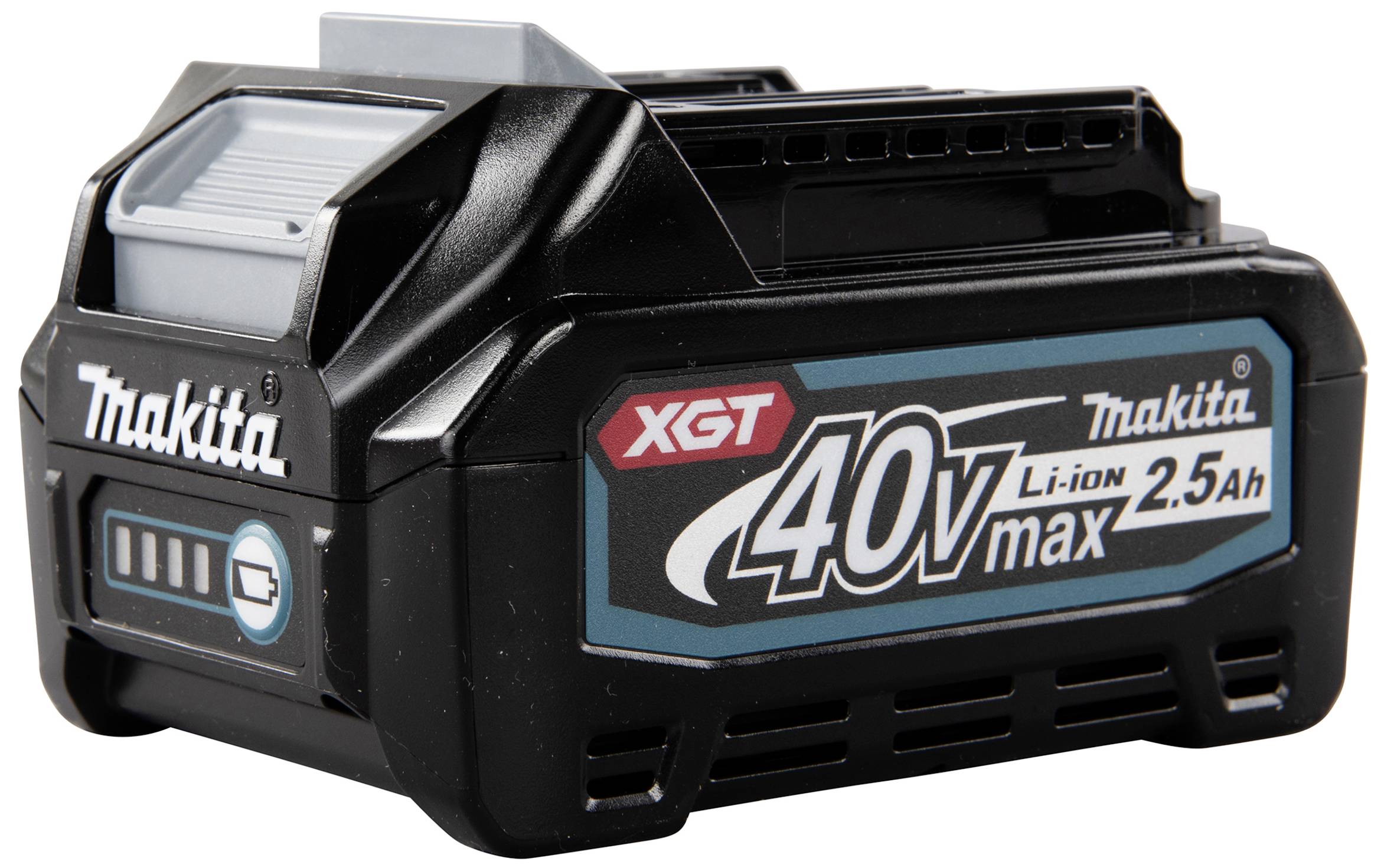 Makita 40V max 2,5Ah Li-Ion-batteri avbildat på svart hölje.