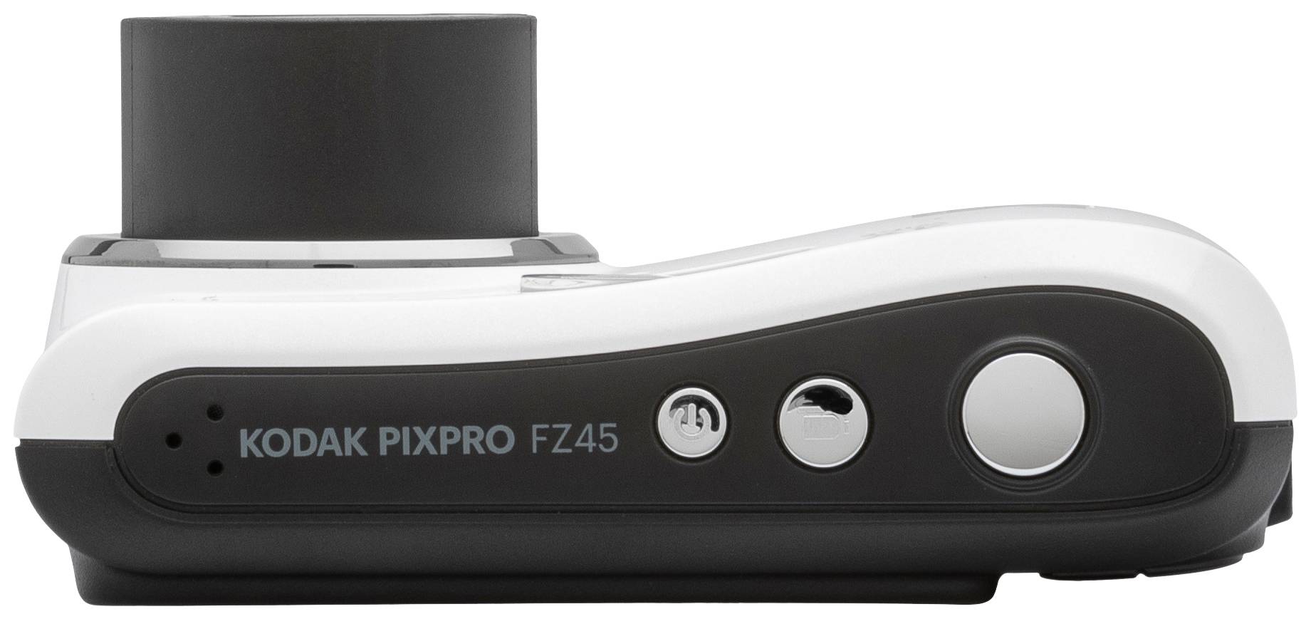 Digitalkamera i sidovy; Modell 'KODAK PIXPRO FZ45'. Svart-vitt hölje med synligt objektiv och manöverreglage.