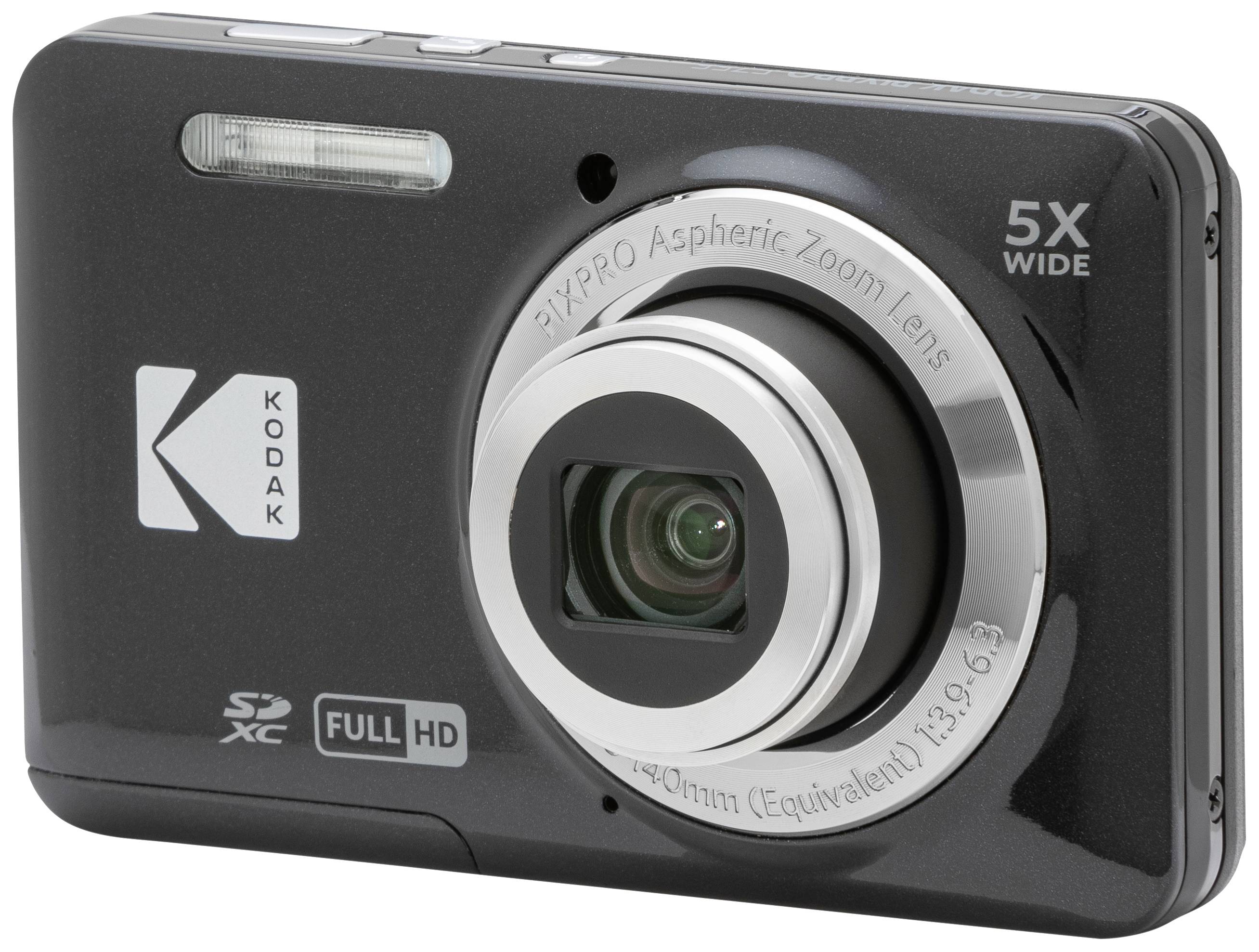 En svart digitalkamera med ett silverfärgat objektiv, märkt med 'PIXPRO Aspheric Zoom Lens', som stöder SDXC och Full HD.