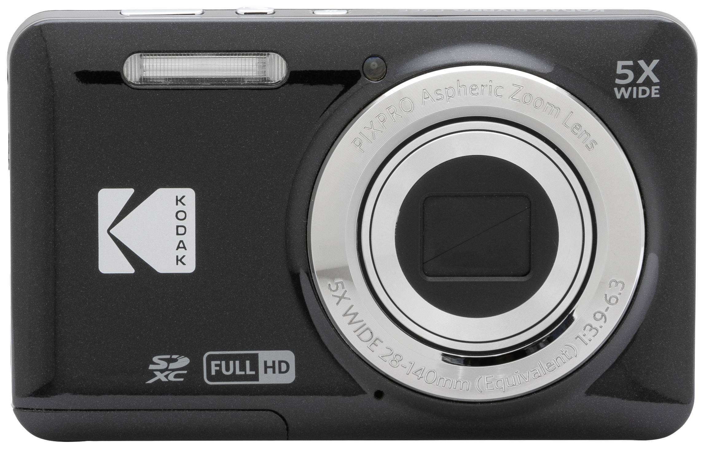 Digitalkamera med svart hölje, zoomobjektiv och 5x vidvinkel. Varumärkesnamn och Full-HD-logotyp synlig.