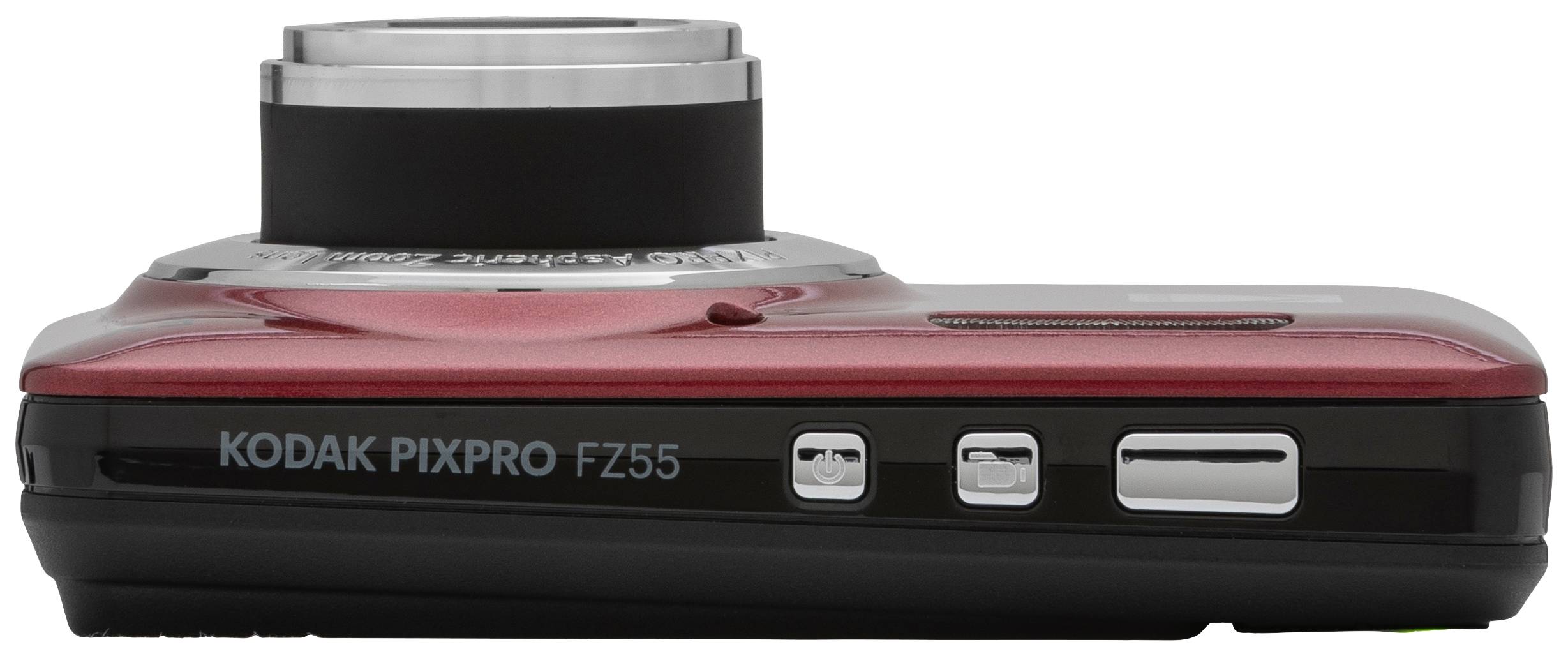 Kompaktkamera i röd färg, sidovy, med texten 'Kodak Pixpro FZ55'.